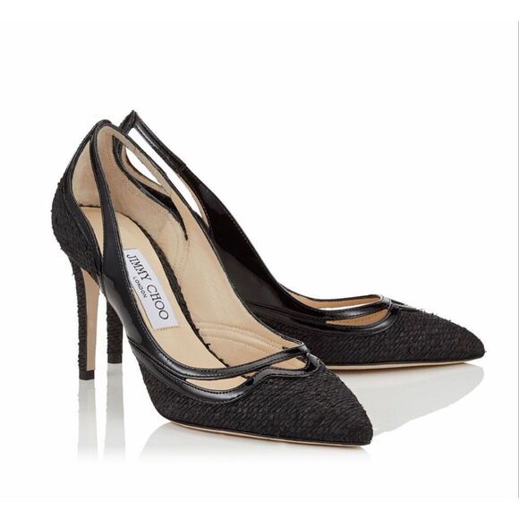 Jimmy Choo Shoes - Jimmy Choo Hickory 85 Woven Canvas Patent Pumps Size 38.5